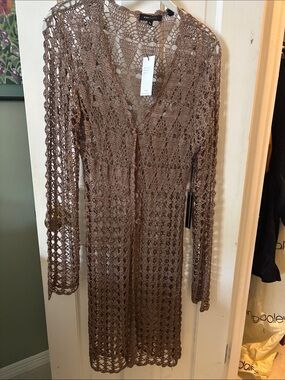 BCBGMaxAzria Mocha Crochet Openwork Long Cardigan